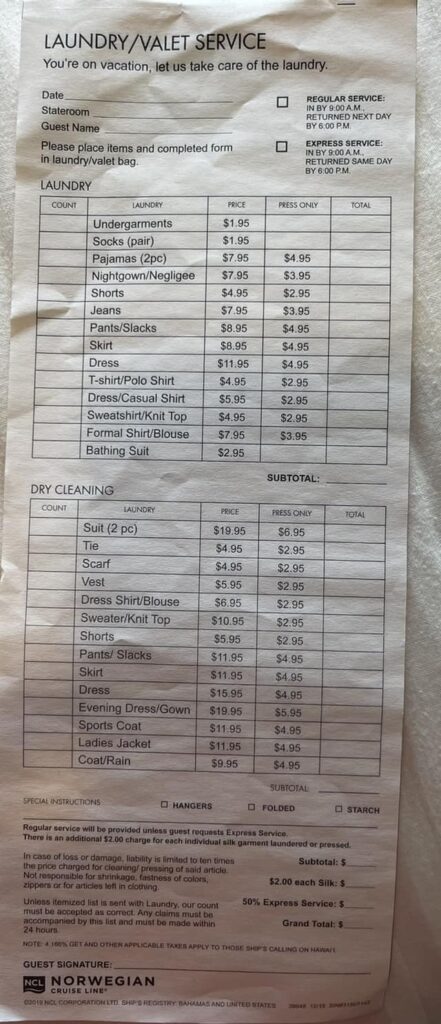 Pride of America On-board Laundry Pricing 2024