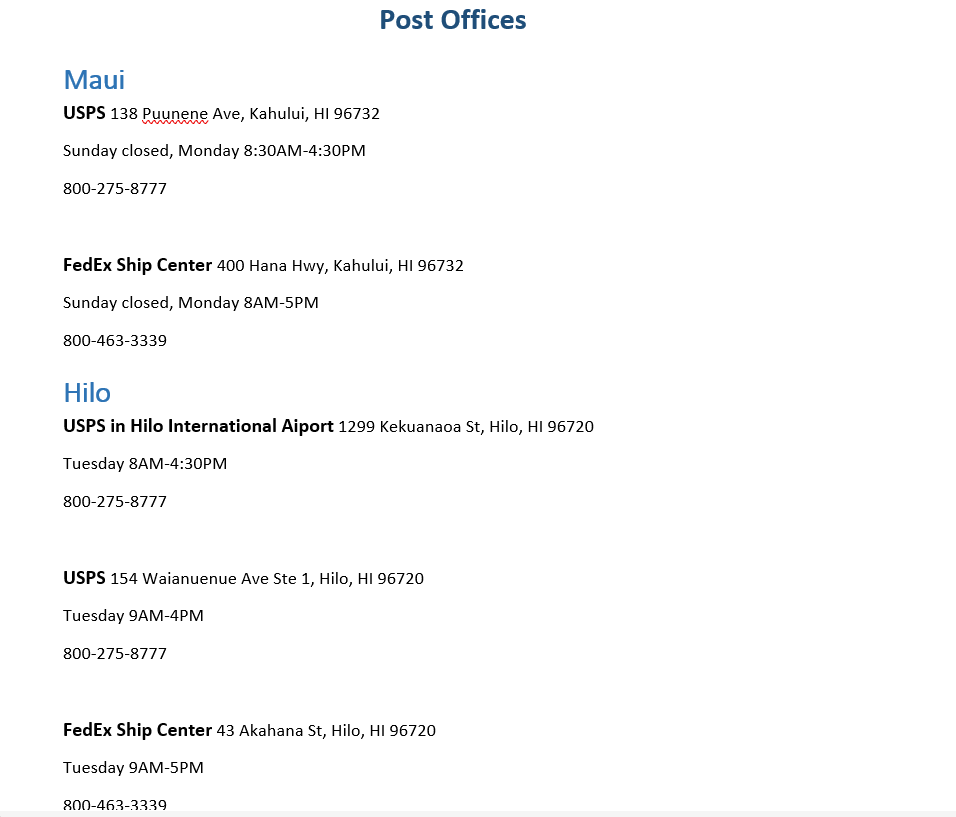 Post Offices by Port for Pride of America