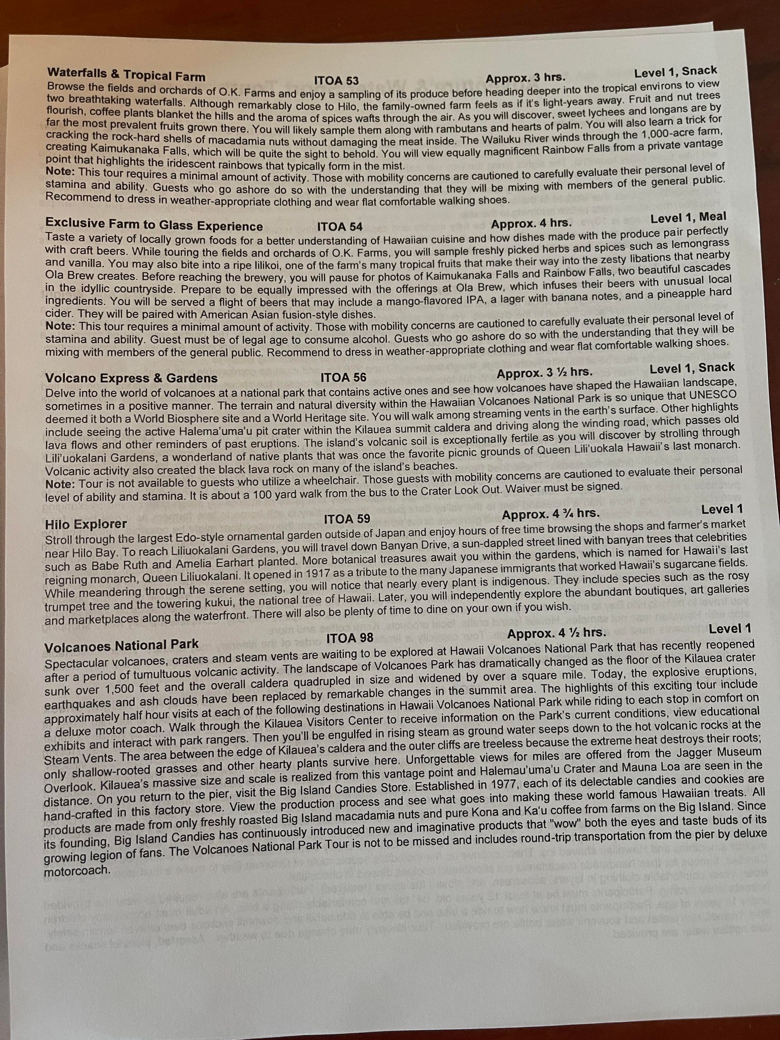 NCL Hilo Excursions descriptions
