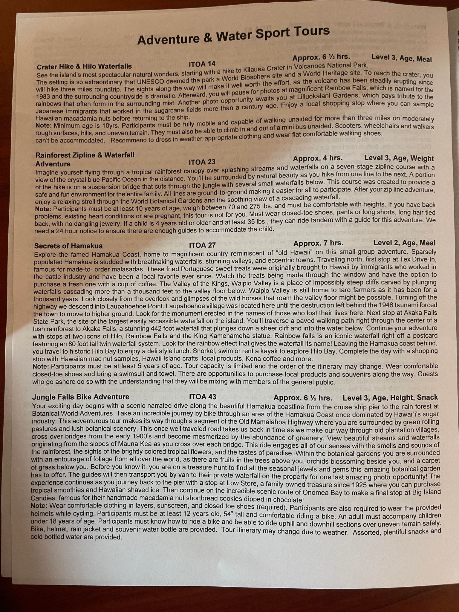 NCL Hilo Excursions descriptions