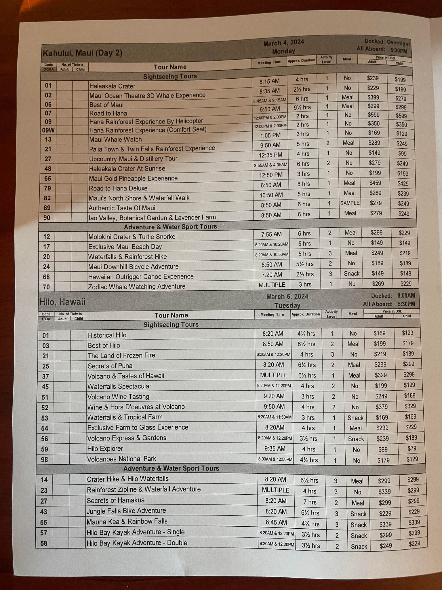 NCL Hilo Excursions Prices