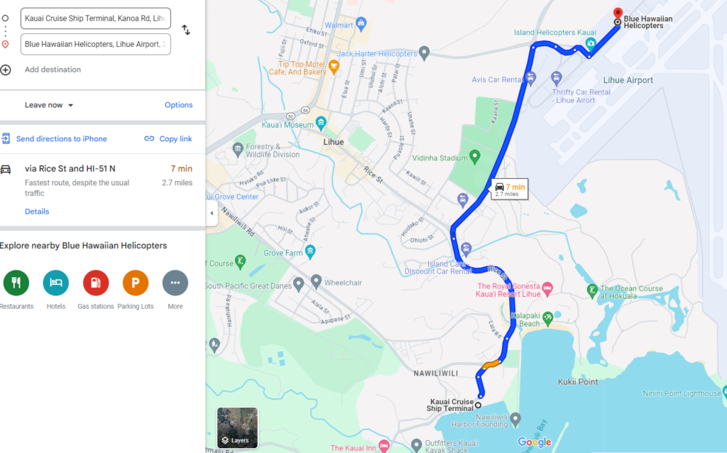 Map to Lihue airport for the helicopter tour.