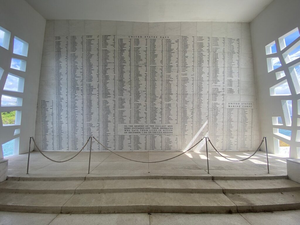 Pearl Harbor USS Arizona Memorial Tour before the Pride of America Cruise names on wall